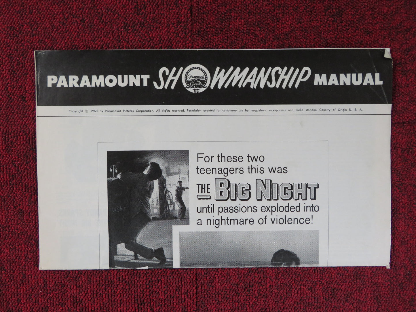 THE BIG NIGHT UNCUT PARAMOUNT FOLDED PRESS BOOK RANDY SPARKS V. STEVENSON 1960