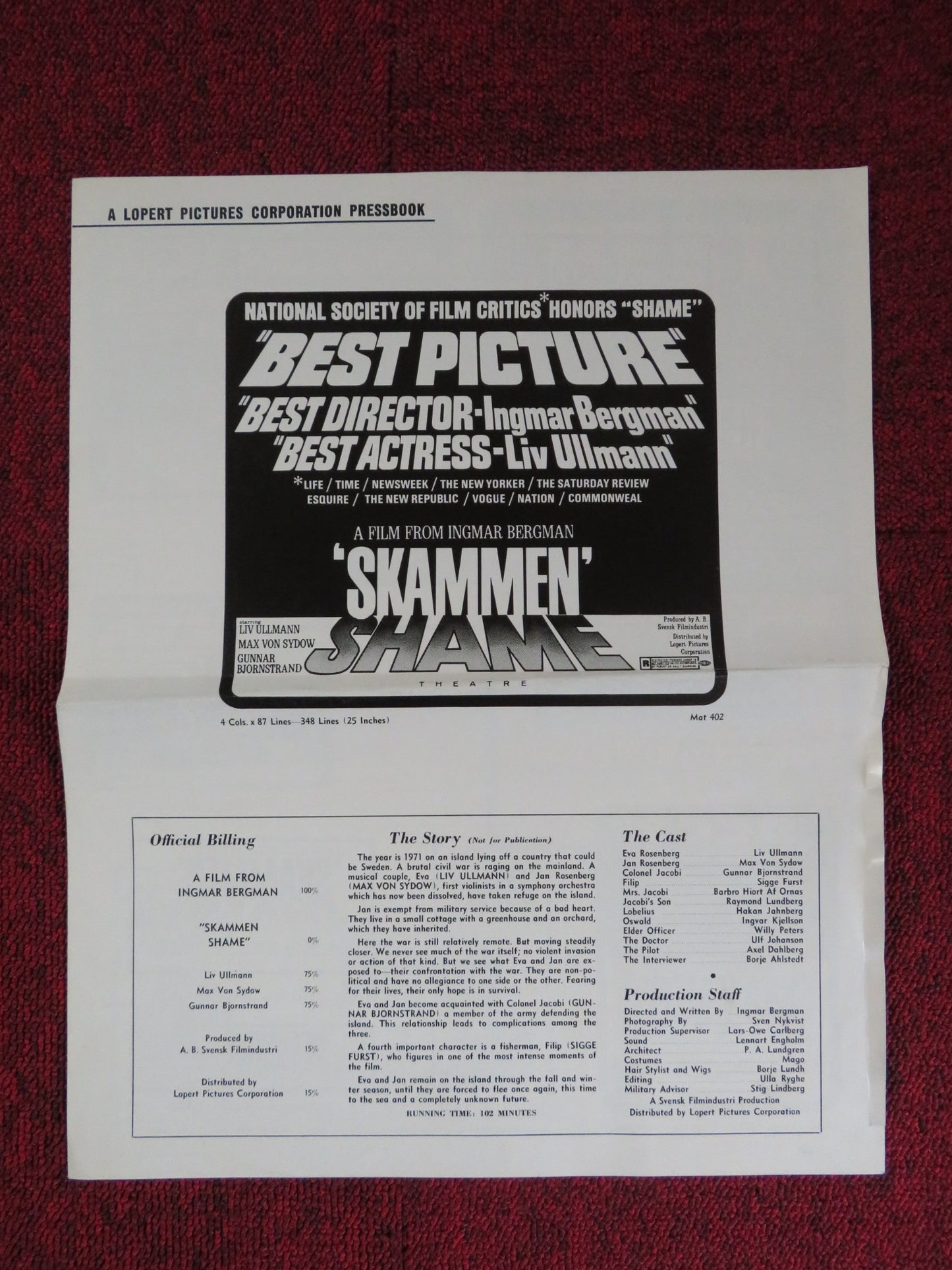 SHAME UNCUT LOPERT PICTURES FOLDED PRESS BOOK LIV ULLMAN MAX VON SYDOW 1969