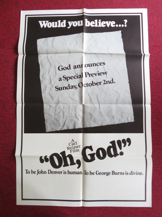 OH, GOD! - PREVIEW FOLDED US ONE SHEET POSTER GEORGE BURNS JOHN DENVER 1977