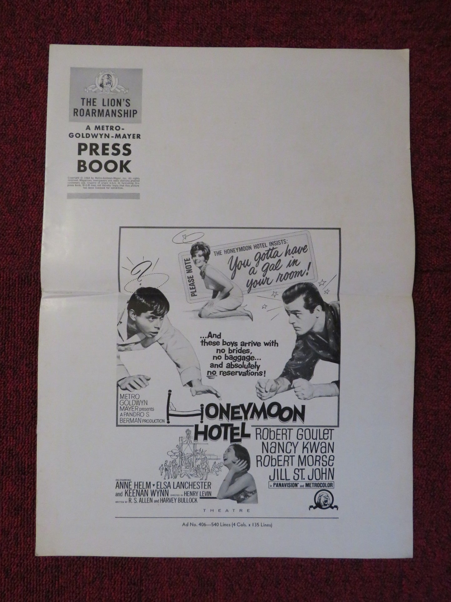 HONEYMOON HOTEL UNCUT MGM FOLDED PRESS BOOK ROBERT GOULET NANCY KWAN 1964