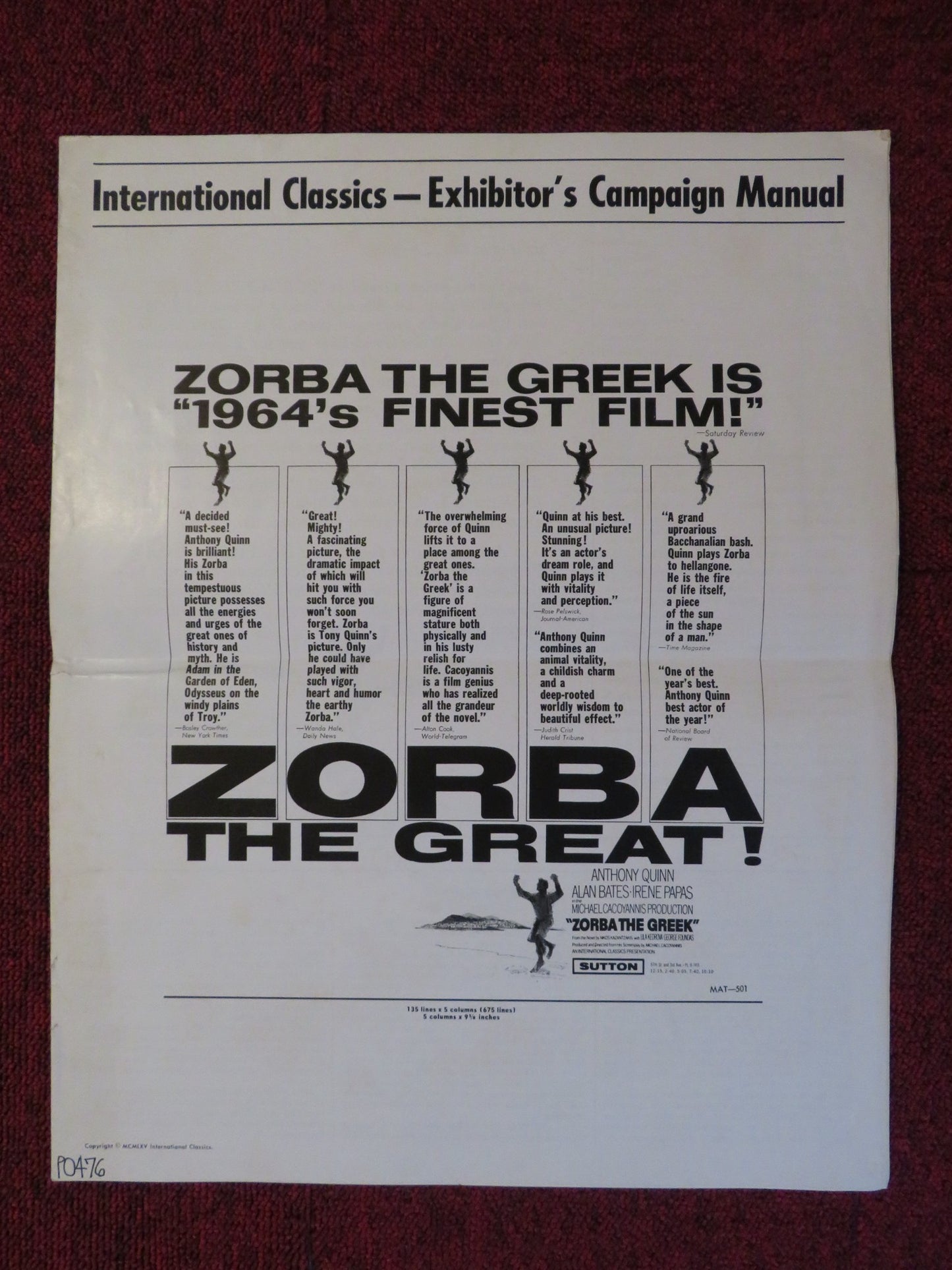 ZORBA THE GREEK UNCUT INTERNATIONAL CLASSICS FOLDED PRESS BOOK A. QUINN 1965