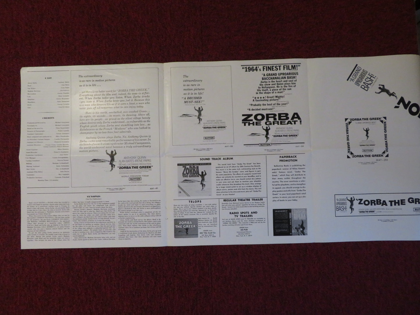 ZORBA THE GREEK UNCUT INTERNATIONAL CLASSICS FOLDED PRESS BOOK A. QUINN 1965