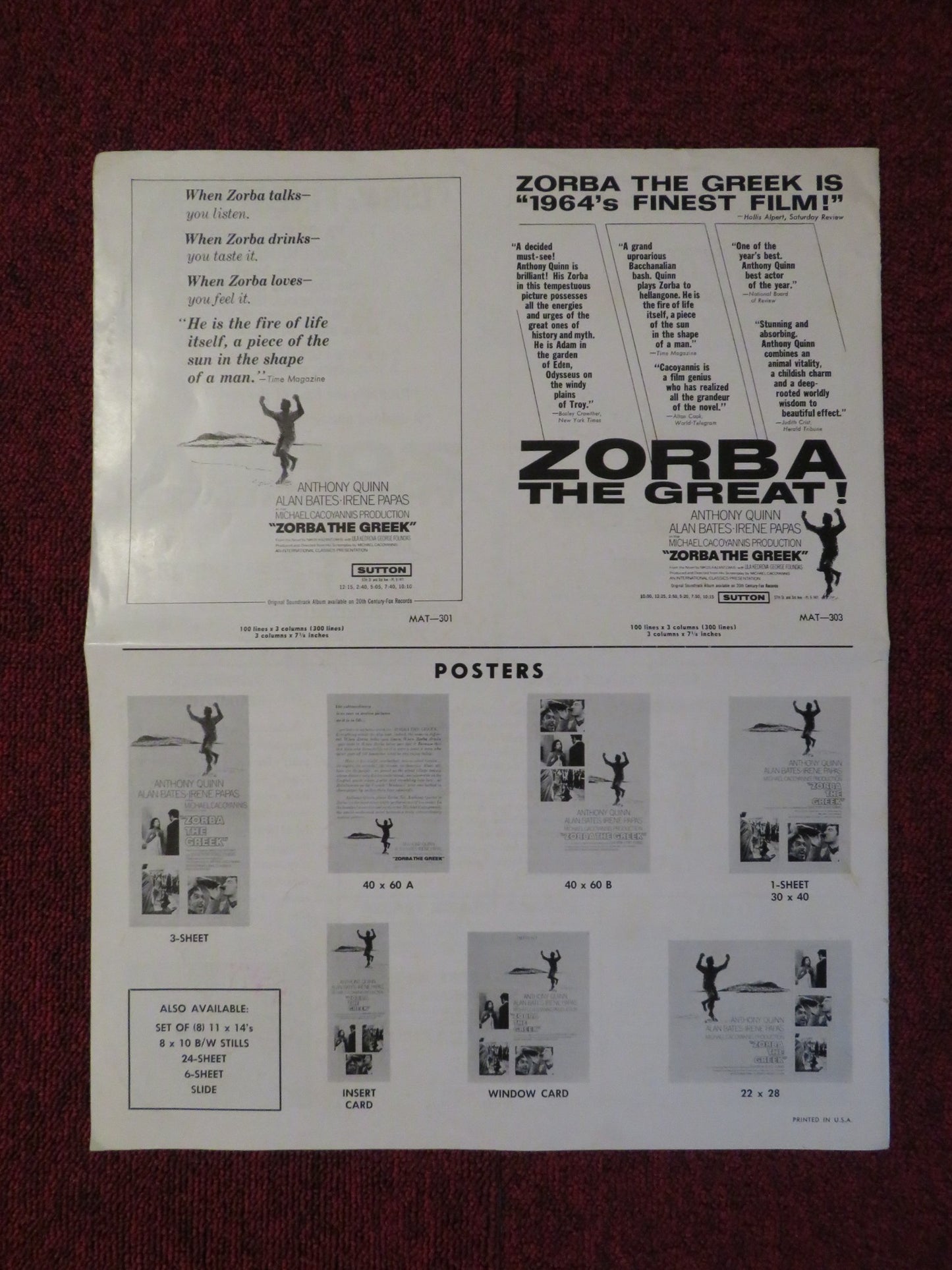 ZORBA THE GREEK UNCUT INTERNATIONAL CLASSICS FOLDED PRESS BOOK A. QUINN 1965