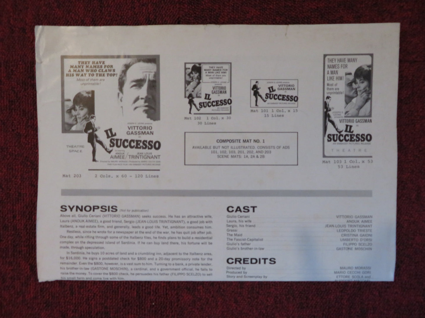 IL SUCCESSO UNCUT EMBASSY PICTURES FOLDED PRESS BOOK VITTORIO GASSMAN 1963