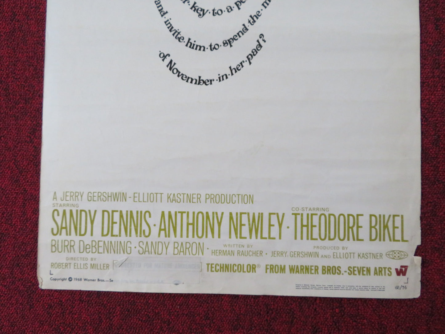 SWEET NOVEMBER US INSERT (14"x 36") POSTER SANDY DENNIS ANTHONY NEWLEY 1968