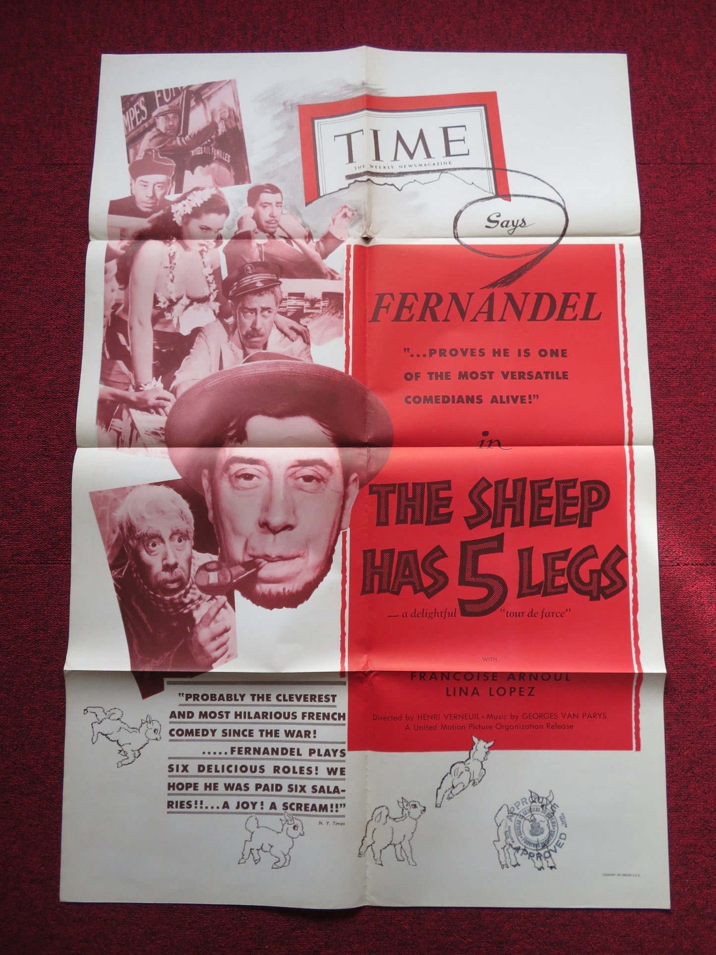 THE SHEEP HAS FIVE LEGS FOLDED US ONE SHEET POSTER FERNANDEL F. ARNOUL 1954