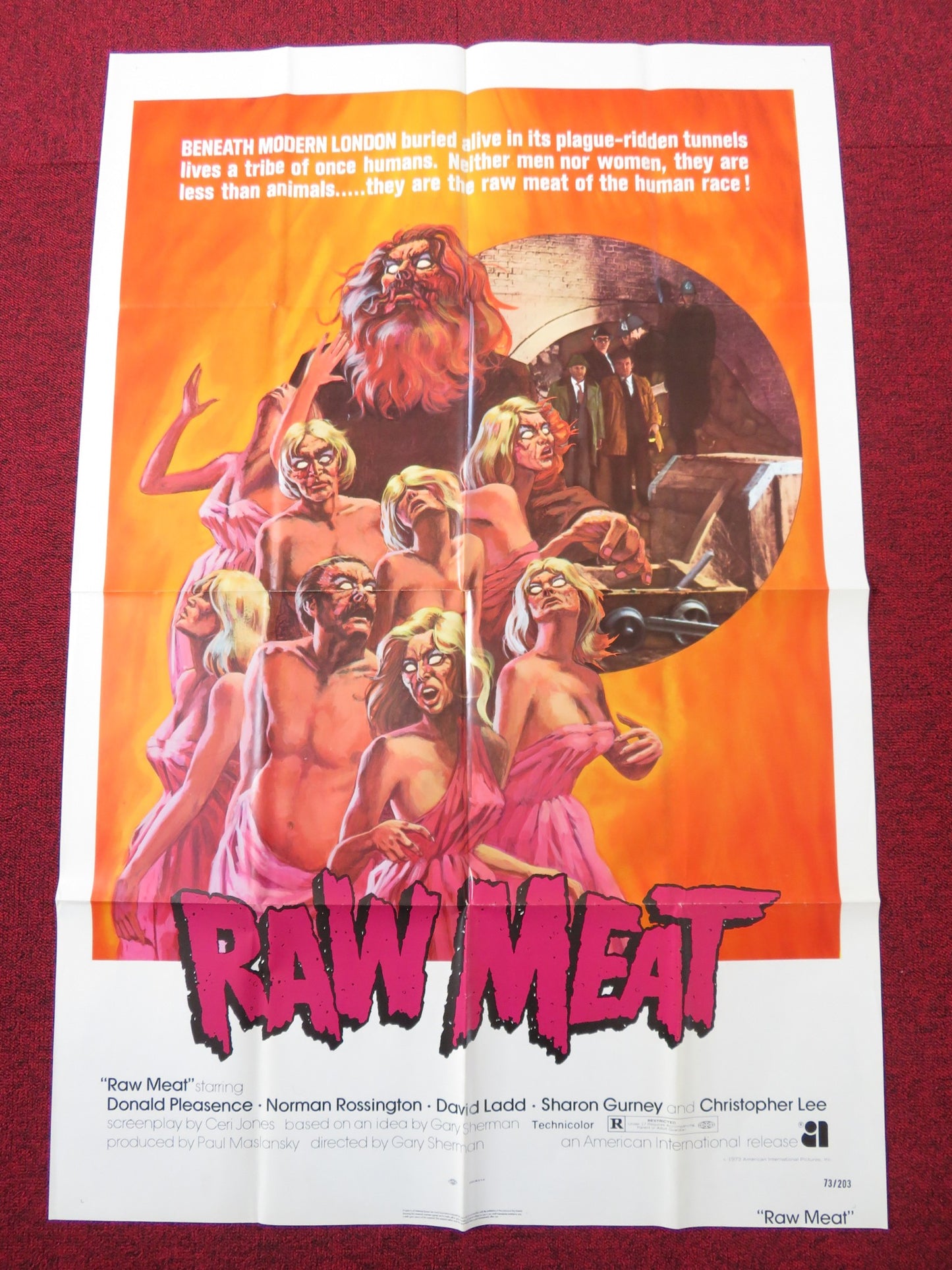 RAW MEAT / DEATH LINE FOLDED US ONE SHEET POSTER DONALD PLEASENCE 1973