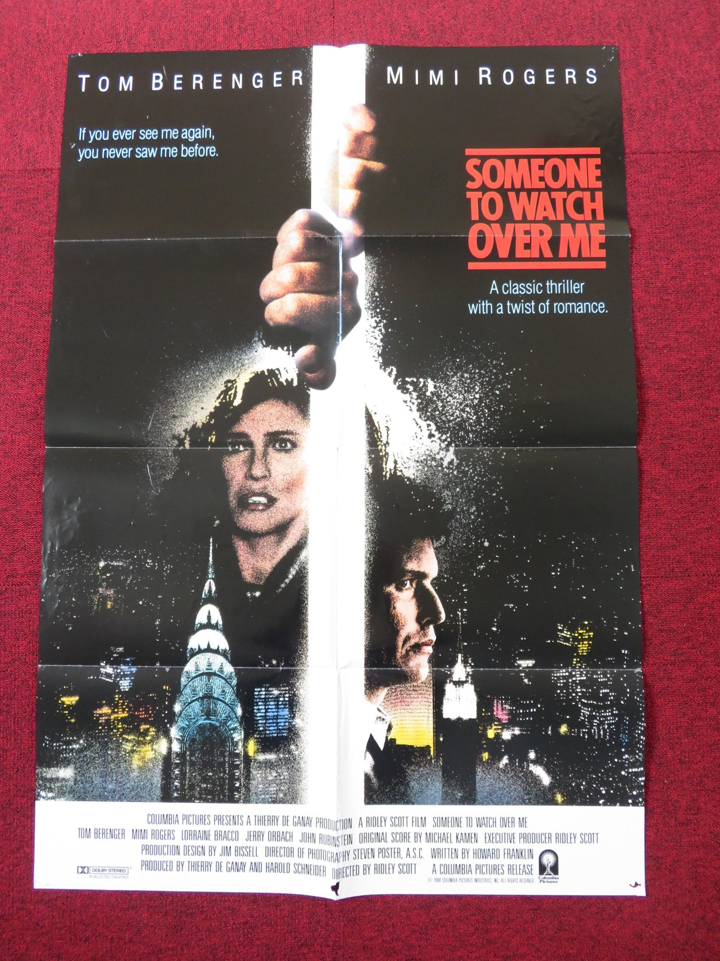 SOMEONE TO WATCH OVER ME FOLDED US ONE SHEET POSTER RIDLEY SCOTT 1988