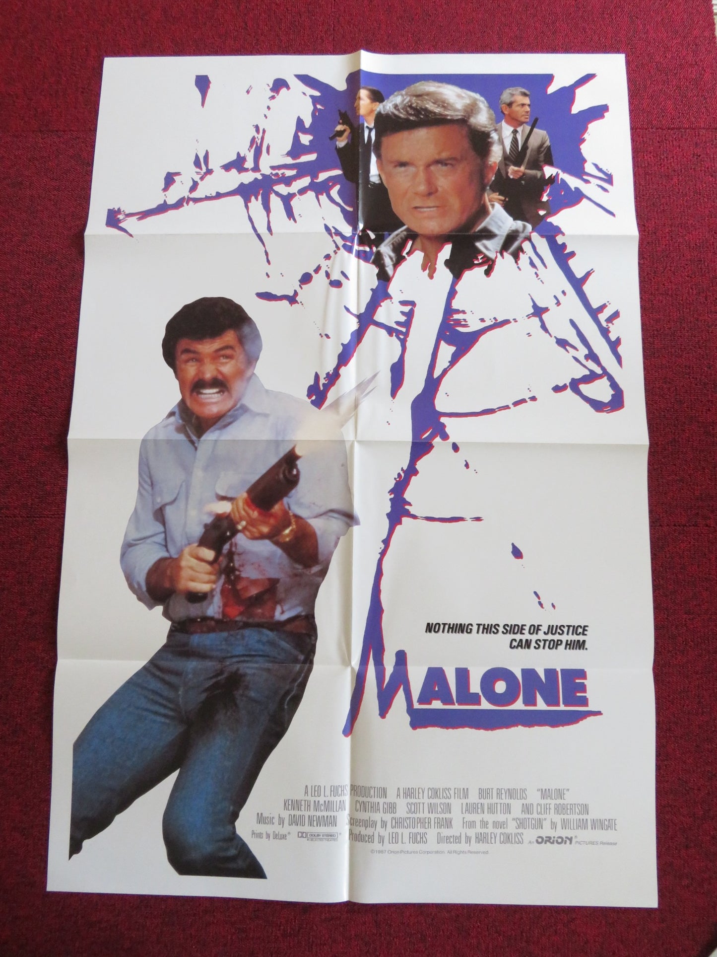 MALONE FOLDED US ONE SHEET POSTER BURT REYNOLDS CLIFF ROBERTSON 1987