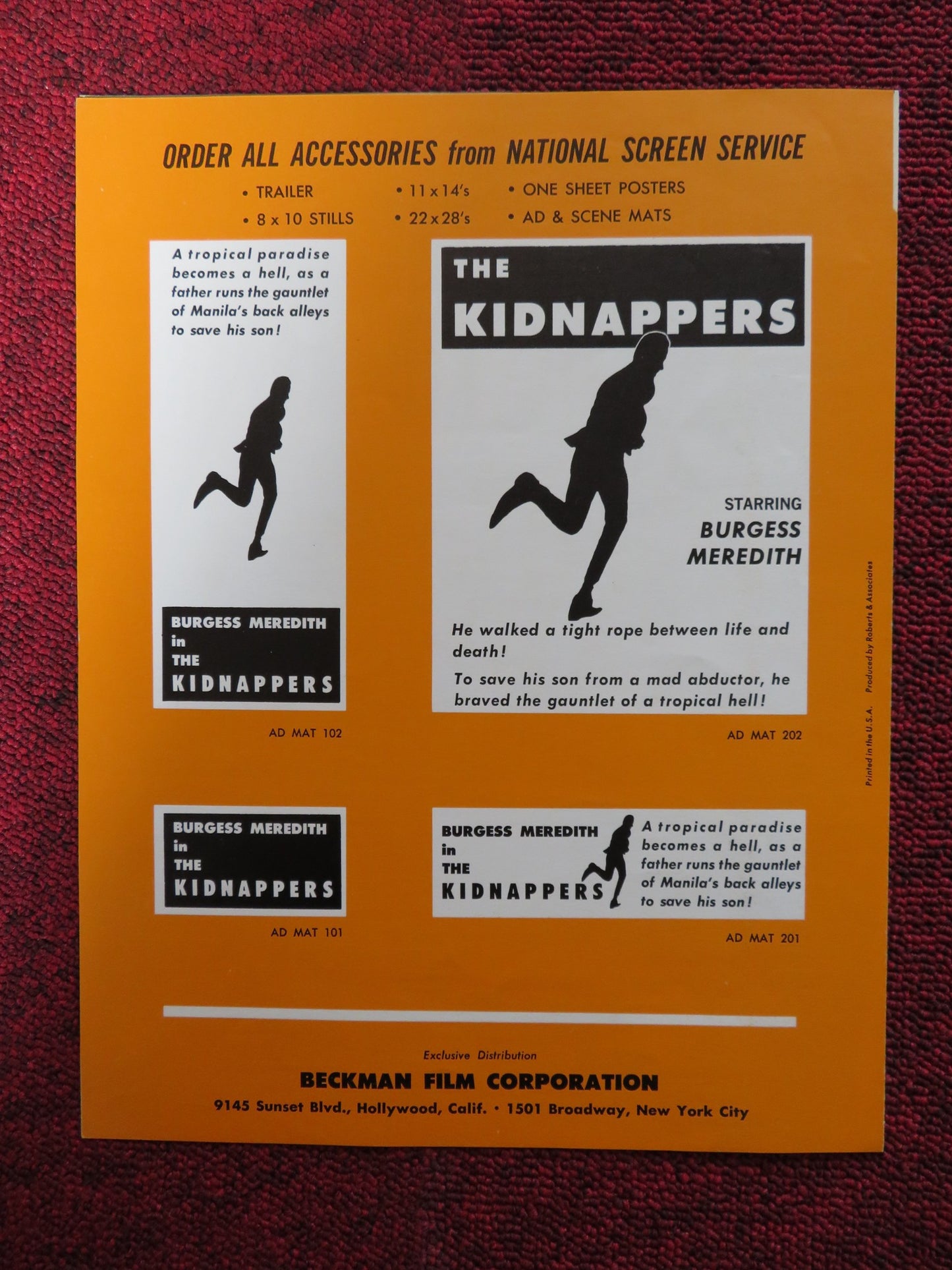 THE KIDNAPPERS - PRESSBOOK UNCUT BECKMAN FILM CORPORATION BURGESS MEREDITH 1958