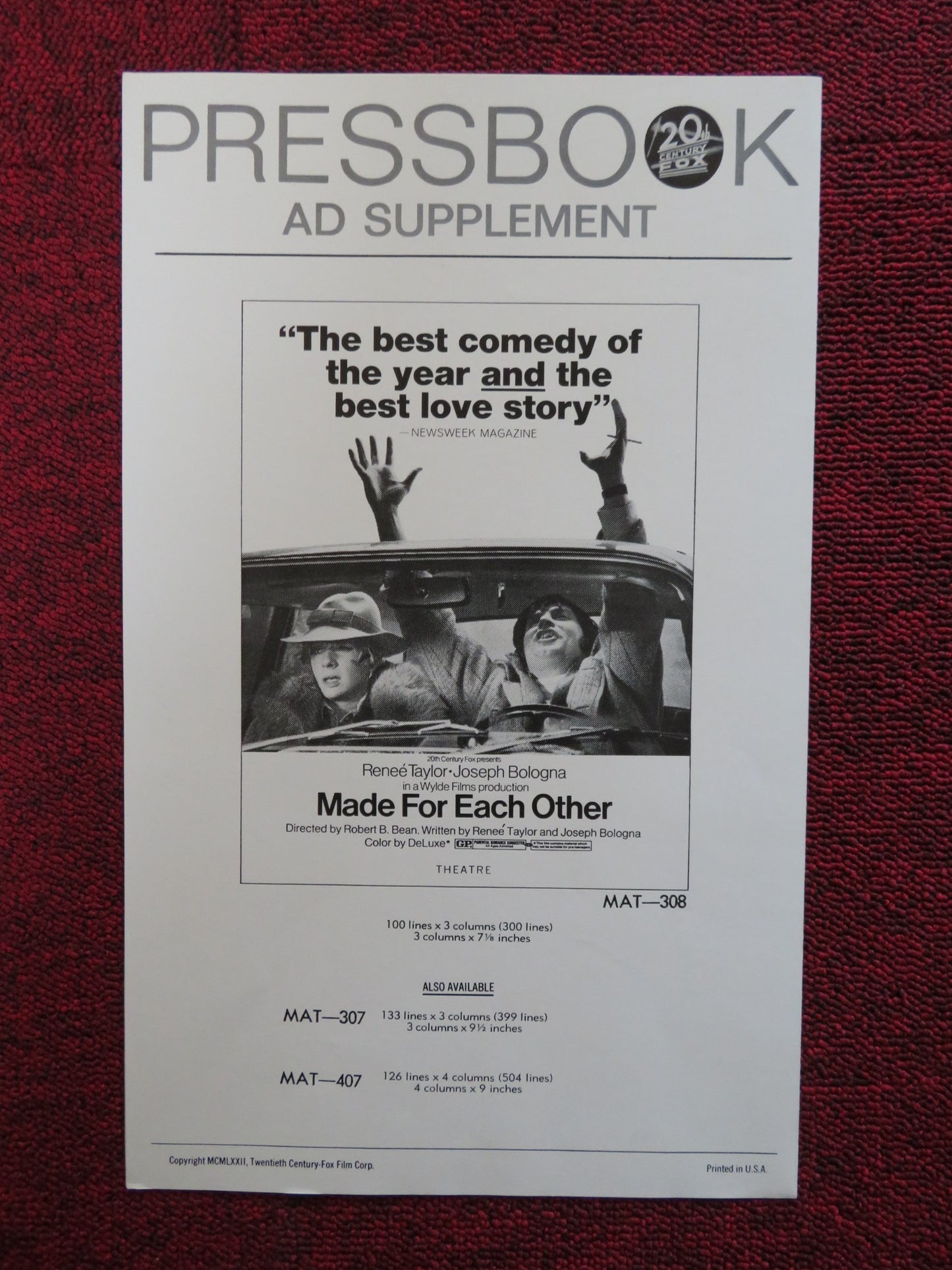 MADE FOR EACH OTHER PRESSBOOK AD SUPPLEMENT RENEE TAYLOR JOSEPH BOLOGNA 1971