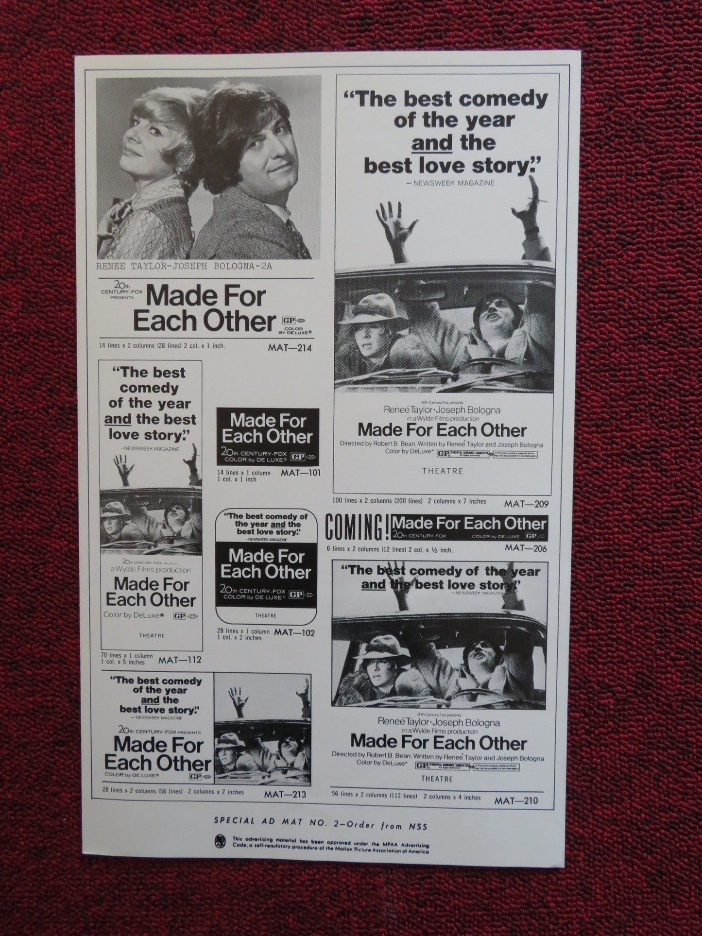 MADE FOR EACH OTHER PRESSBOOK AD SUPPLEMENT RENEE TAYLOR JOSEPH BOLOGNA 1971