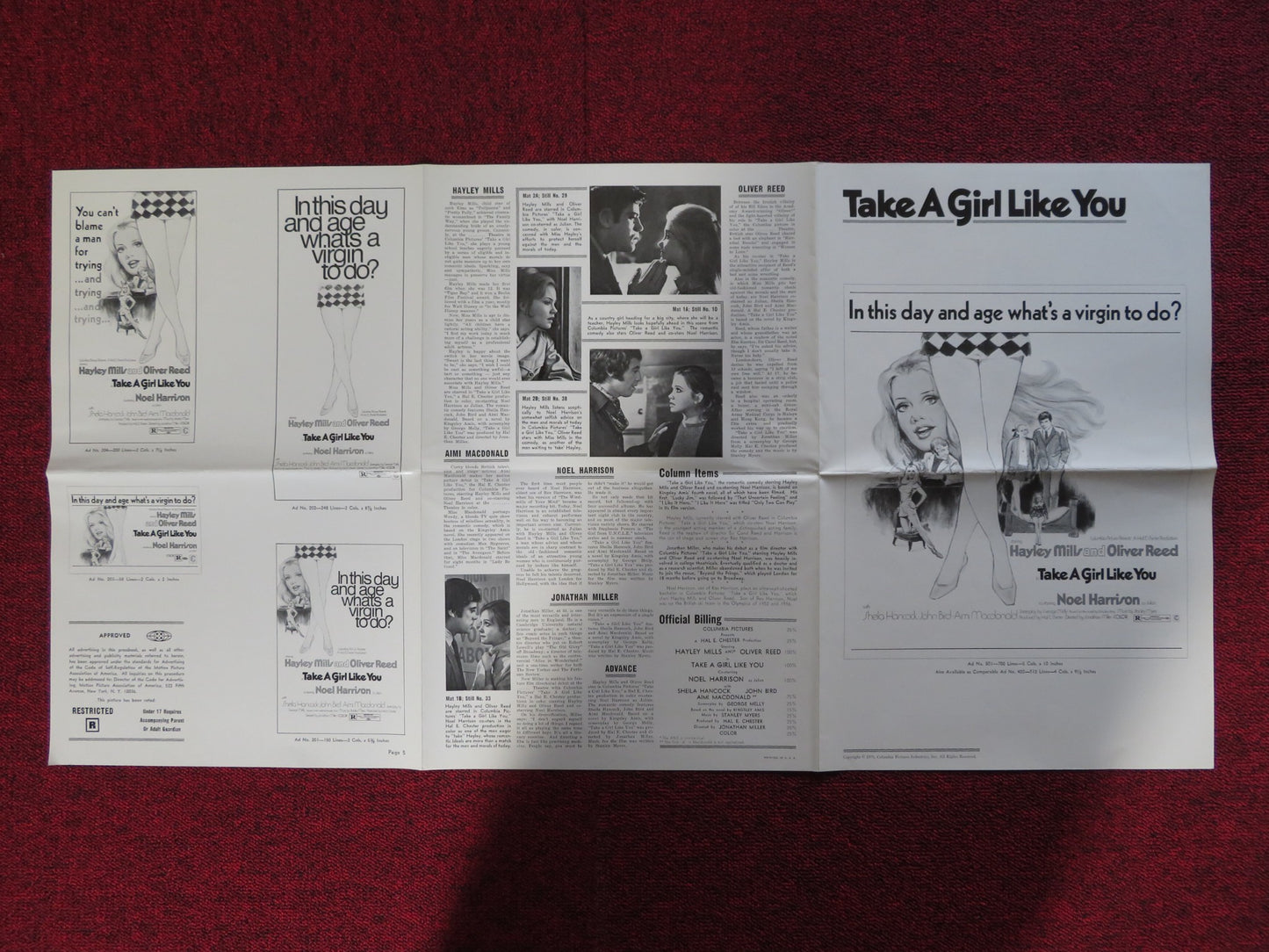 TAKE A GIRL LIKE YOU - PRESSBOOK UNCUT COLUMBIA PICTURES MILLS OLIVER REED 1970