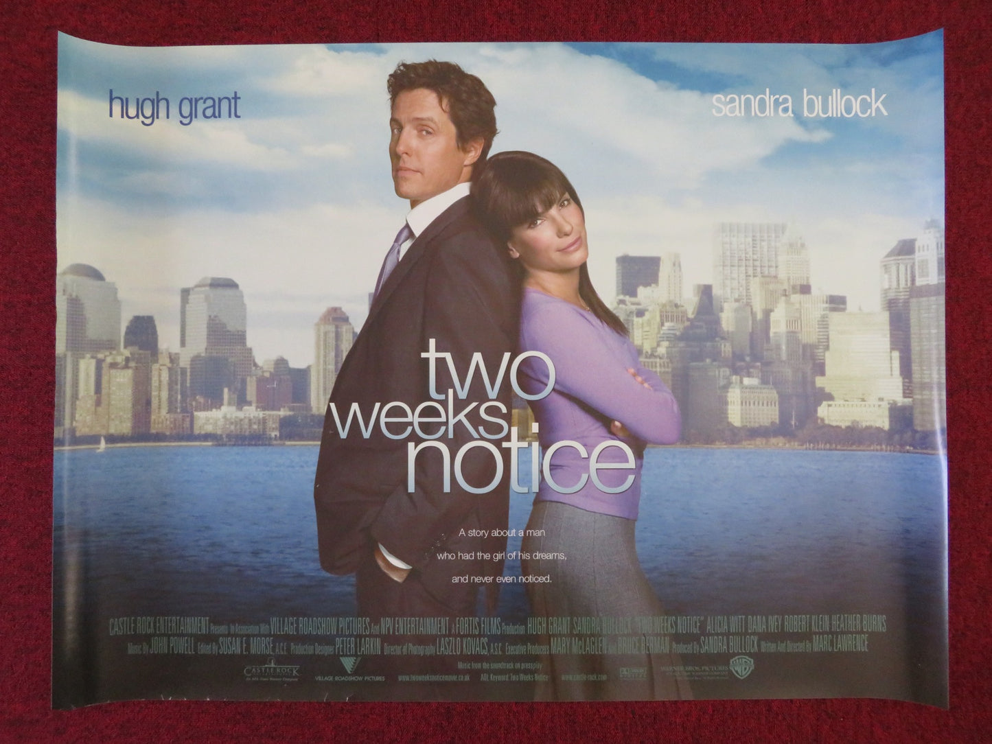 TWO WEEKS NOTICE UK QUAD (30"x 40") ROLLED POSTER HUGH GRANT SANDRA BULLOCK 2002