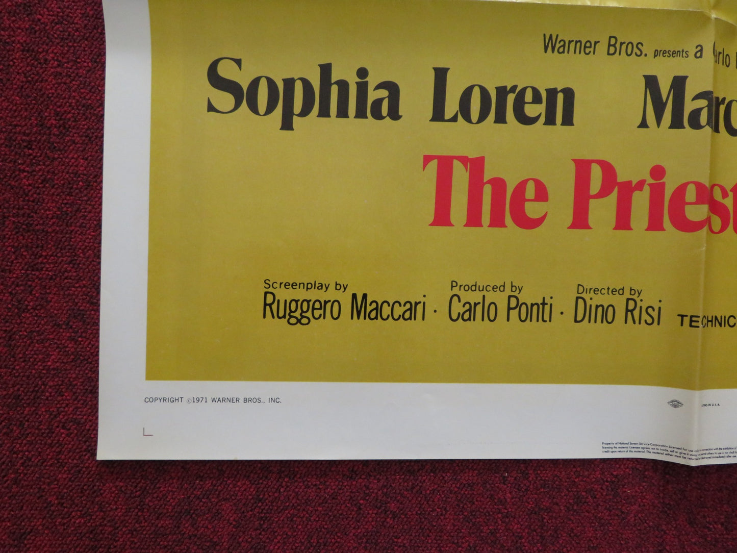 PRIEST'S WIFE FOLDED US ONE SHEET POSTER SOPHIA LOREN MARCELLO MASTROIANNI 1971