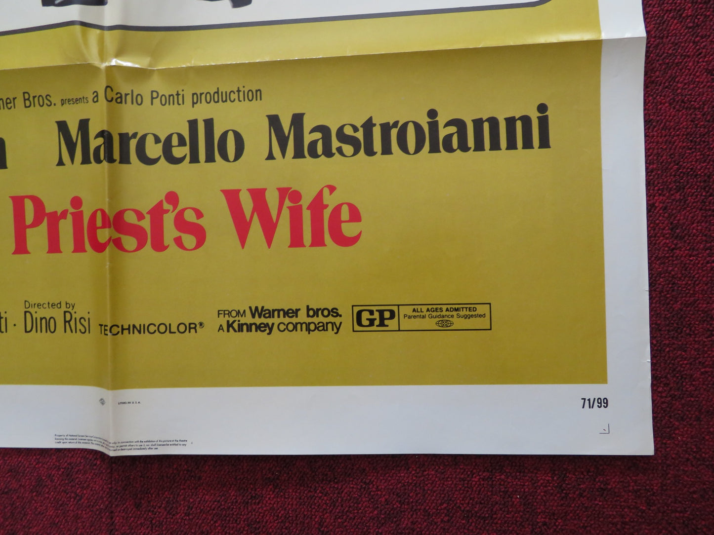 PRIEST'S WIFE FOLDED US ONE SHEET POSTER SOPHIA LOREN MARCELLO MASTROIANNI 1971