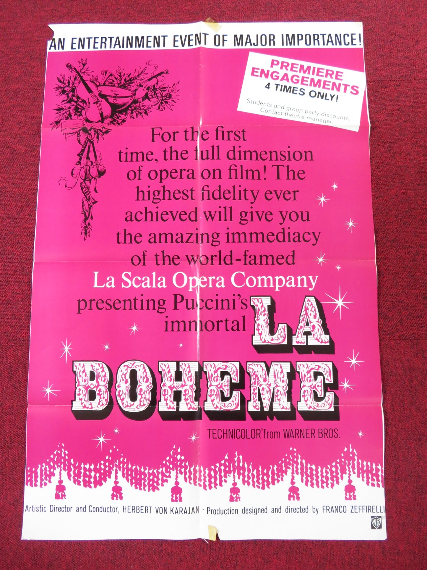 LA BOHEME FOLDED US ONE SHEET POSTER MIRELLA FRENI ADRIANA MARTINO 1965