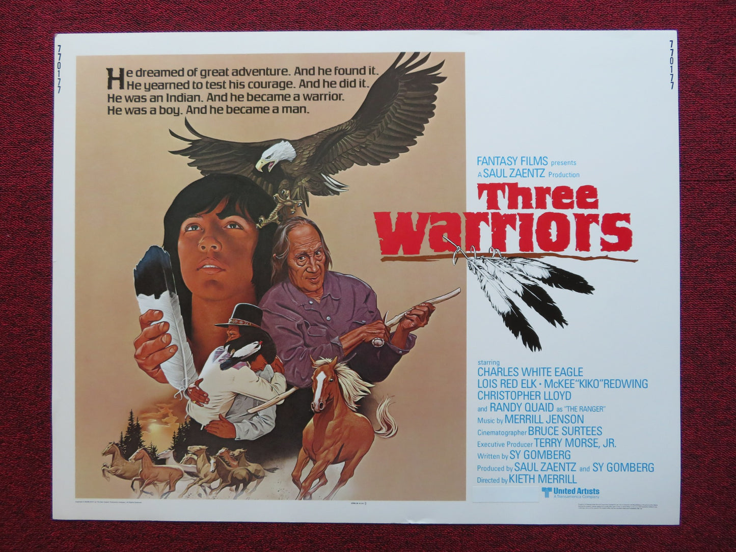 THREE WARRIORS US HALF SHEET (22"x 28") POSTER CHARLES WHITE-EAGLE R. QUAID 1977