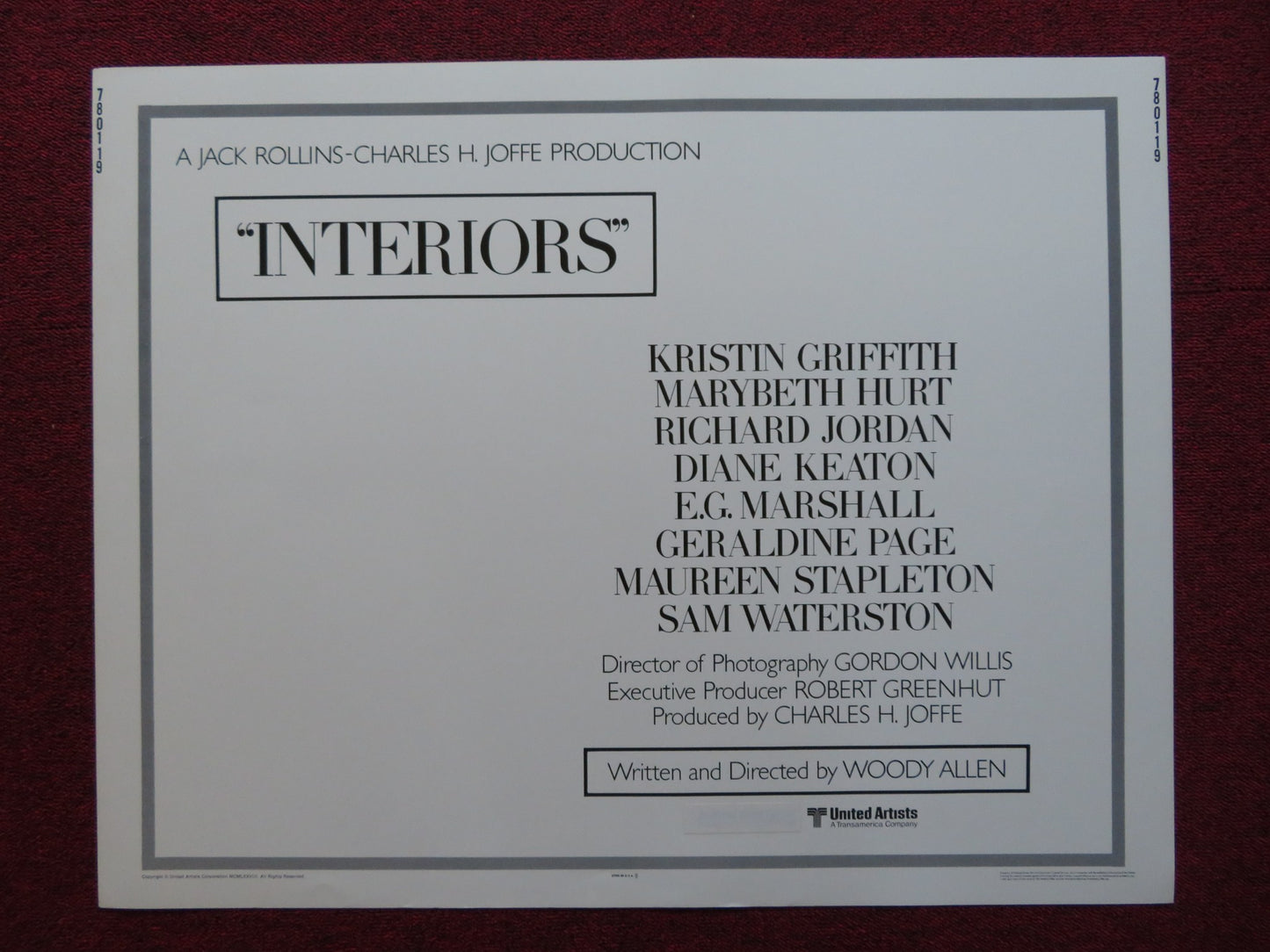 INTERIORS US HALF SHEET (22"x 28") POSTER WOODY ALLEN KRISTIN GRIFFITH 1978