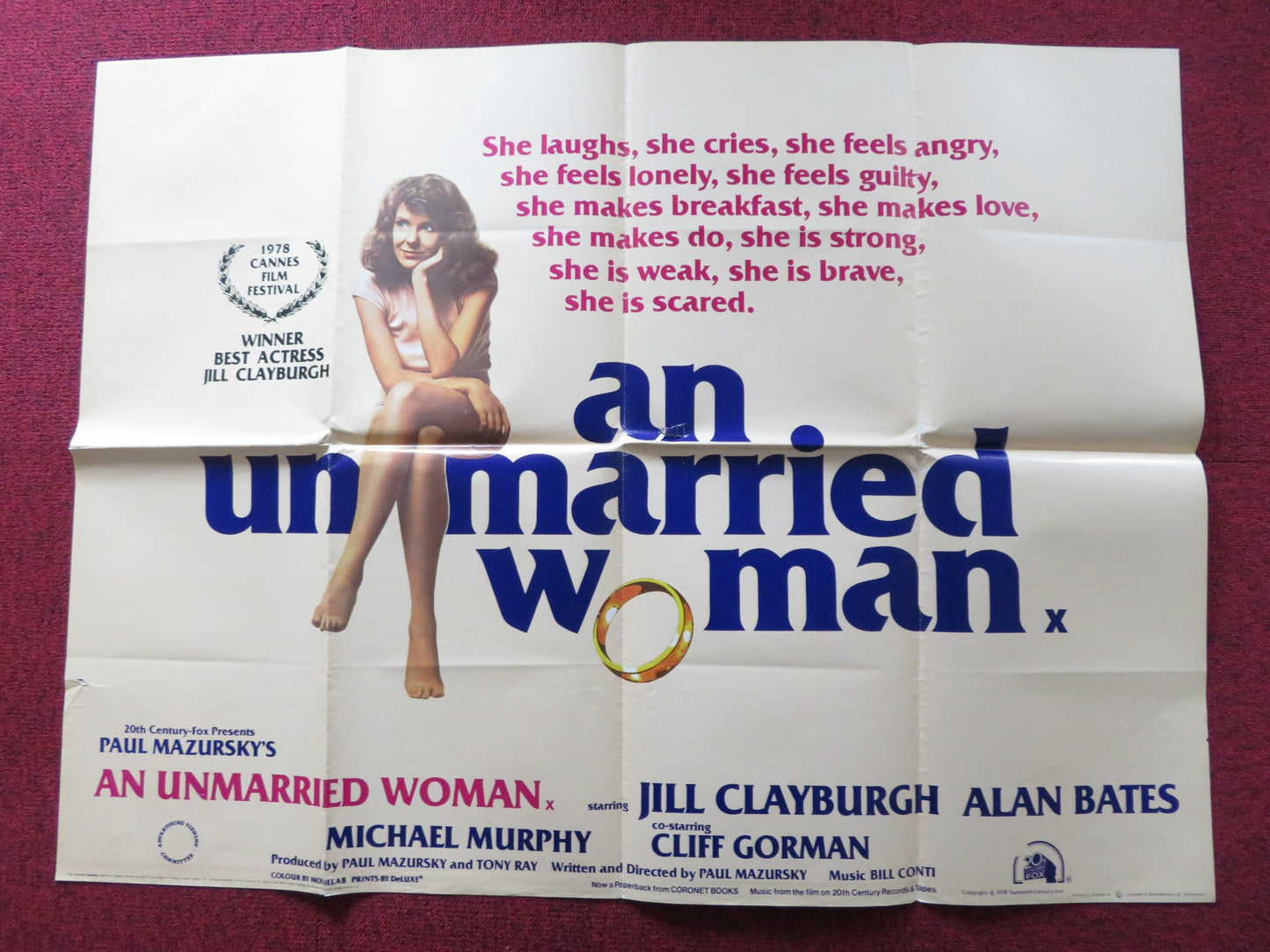 AN UNMARRIED WOMAN UK QUAD POSTER FOLDED JILL CLAYBURGH  ALAN BATES  1978