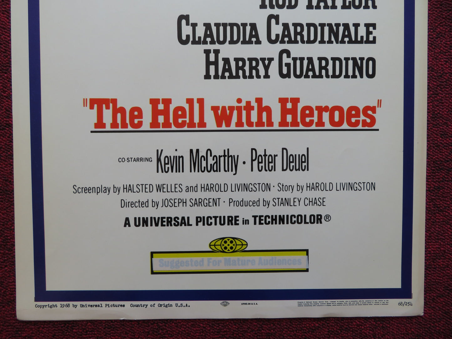 THE HELL WITH HEROES US INSERT (14"x 36") POSTER ROD TAYLOR C.CARDINALE 1968