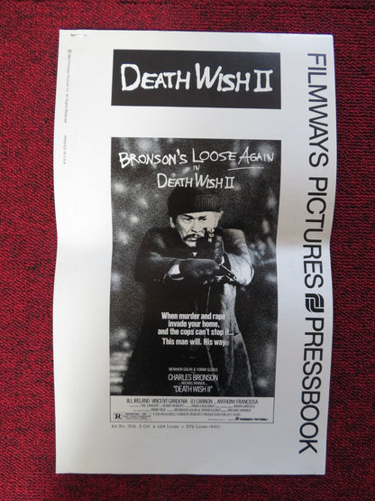 DEATH WISH II - FOLDED PRESSBOOK UNCUT FILMWAYS PICTURES CHARLES BRONSON 1982