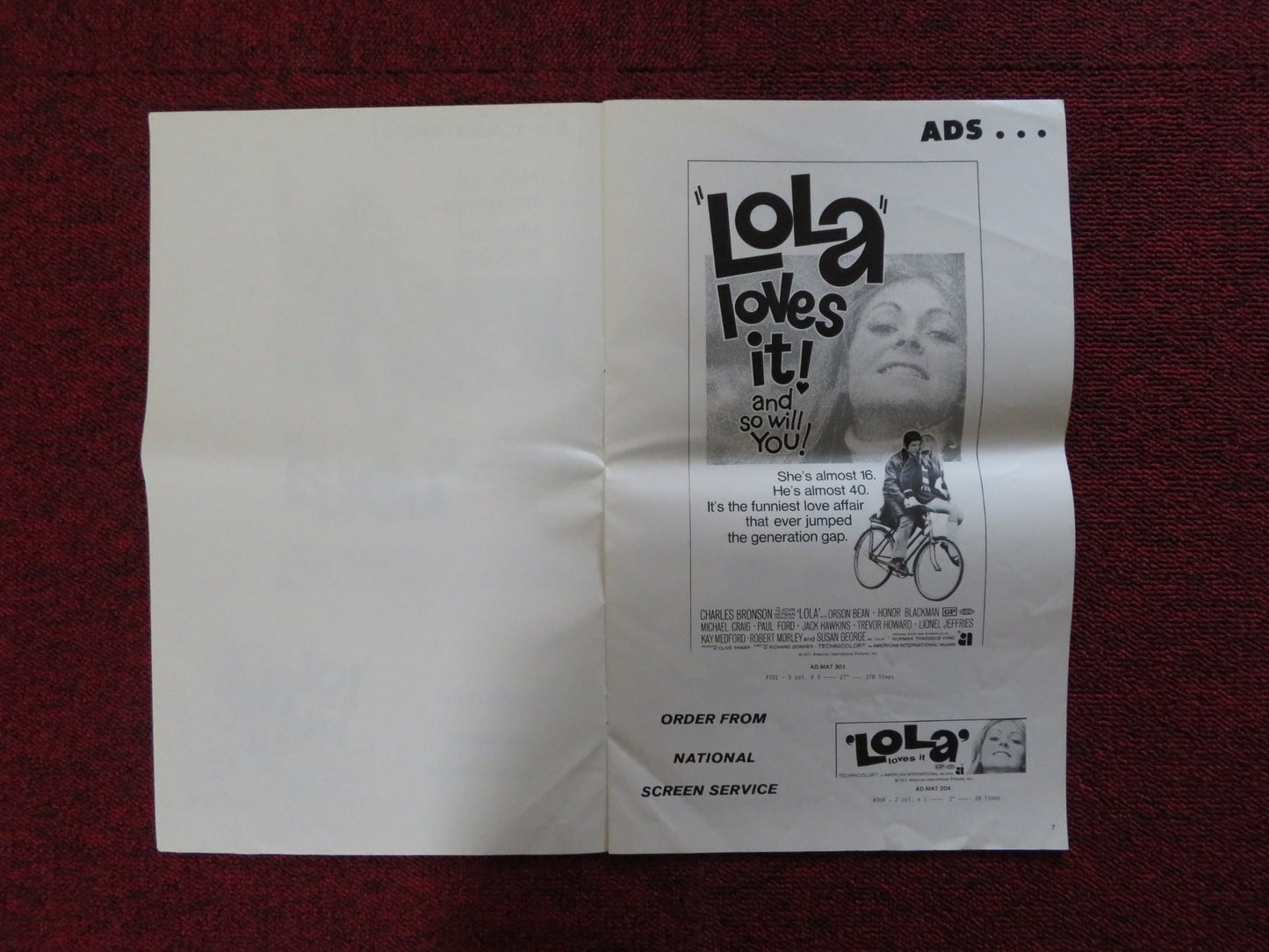 LOLA / LONDON AFFAIR - PRESSBOOK UNCUT AMERICAN INT. CHARLES BRONSON 1970