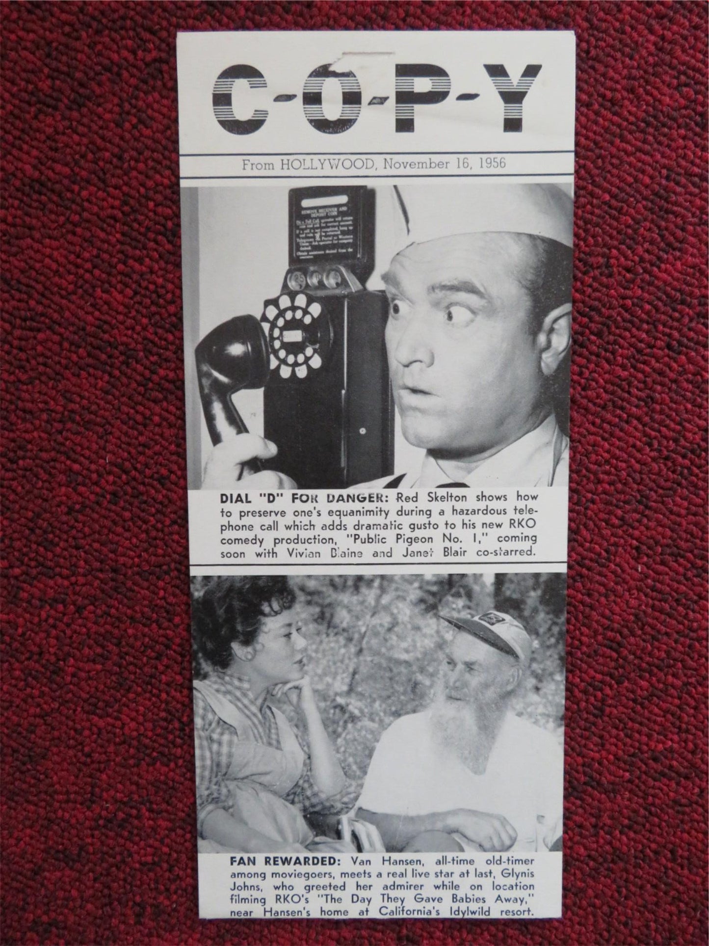 COPY FLYER NOV. 16, 1956 RKO RADIO RED SKELTON VAN HANSEN DIANA DORS