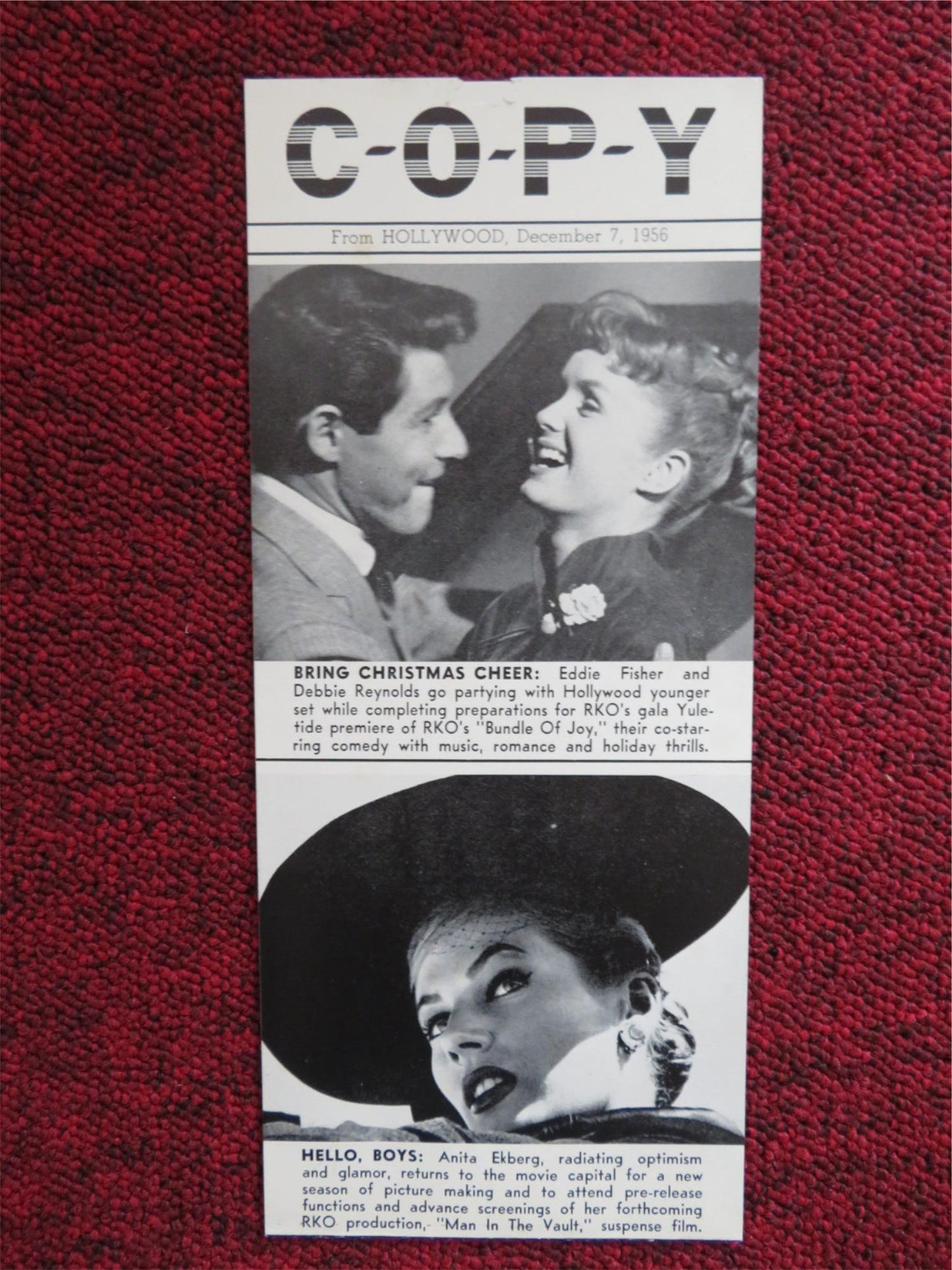 COPY FLYER DEC. 7, 1956 RKO RADIO EDDIE FISHER ANITA EKBERG