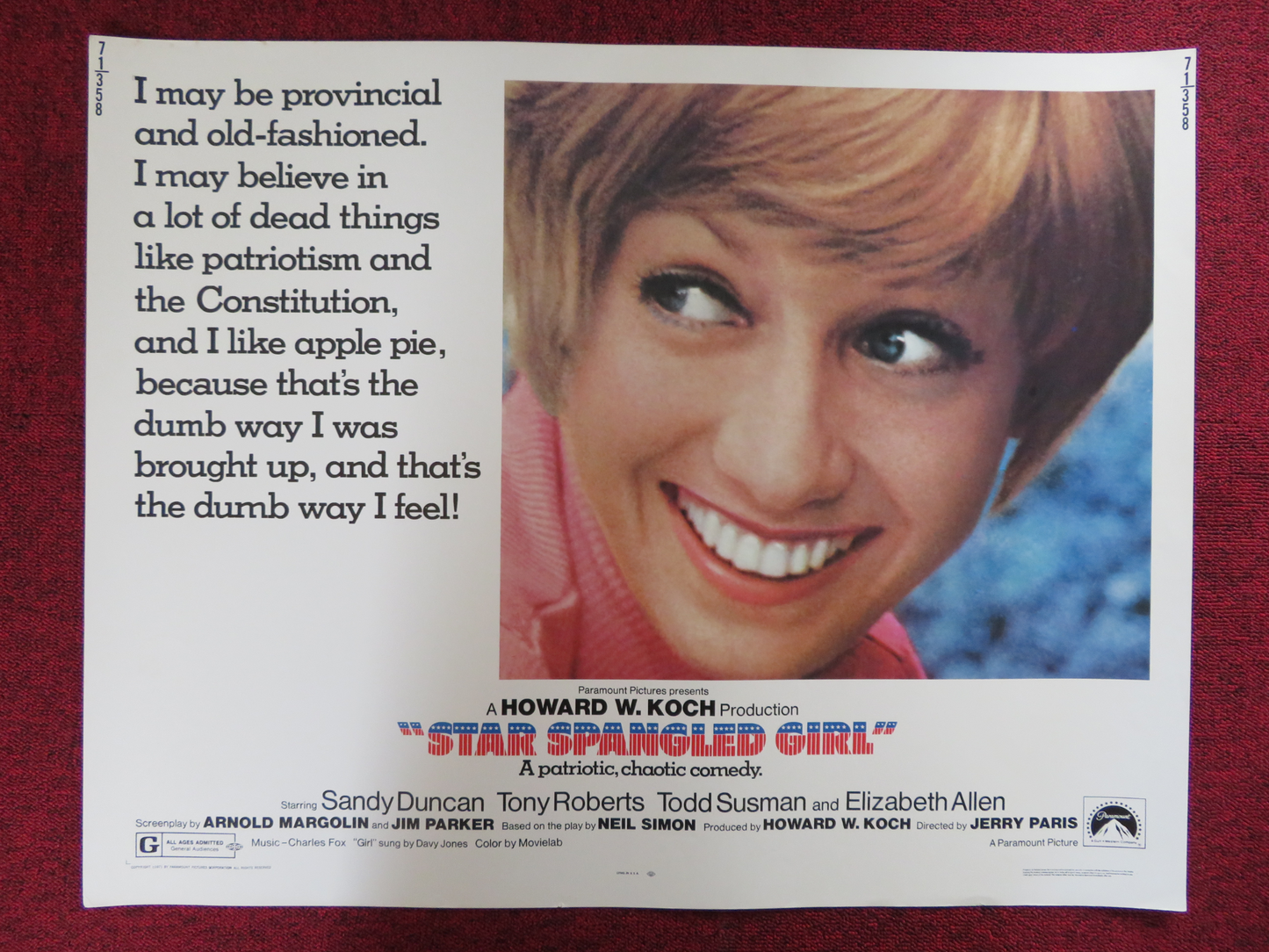 STAR SPANGLED GIRL US HALF SHEET (22"x 28") POSTER SANDY DUNCAN TONY ROBERTS '71