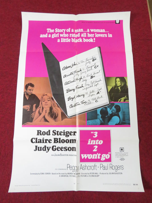 THREE INTO TWO WON'T GO FOLDED US ONE SHEET POSTER ROD STEIGER CLAIRE BLOOM 1969