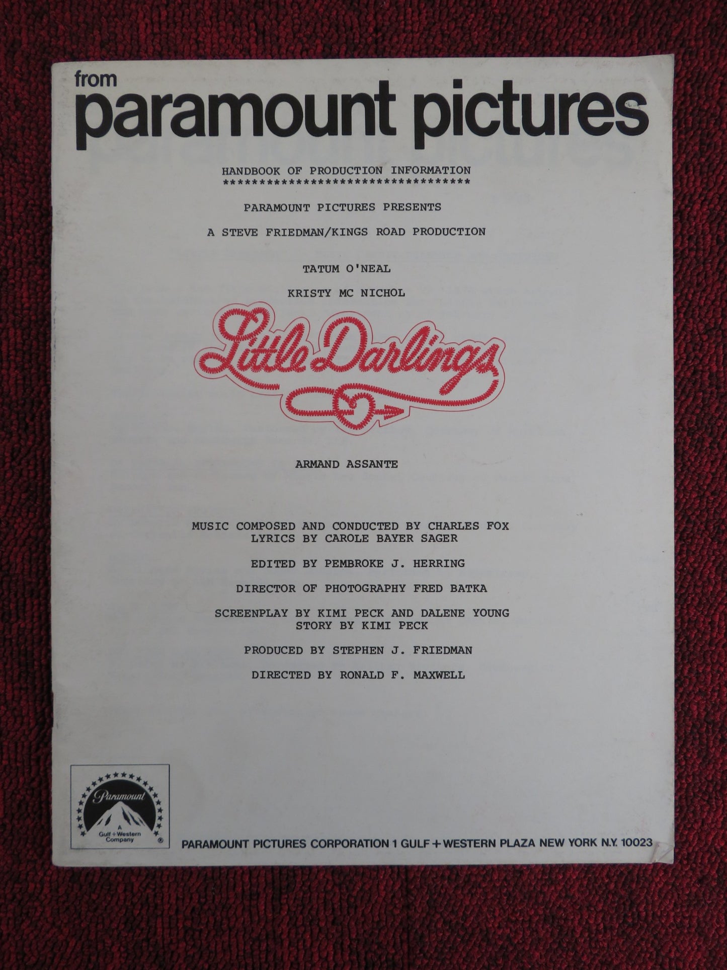 LITTLE DARLINGS PRESSKIT PARAMOUNT PICTURES TATUM O'NEAL KRISTY MCNICHOL 1980