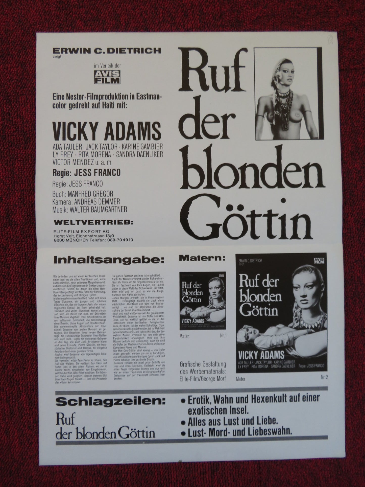 RUF DER BLONDEN GOTTIN / VOODOO PASSION GERMAN PRESS SHEET VICKY ADAMS 1977