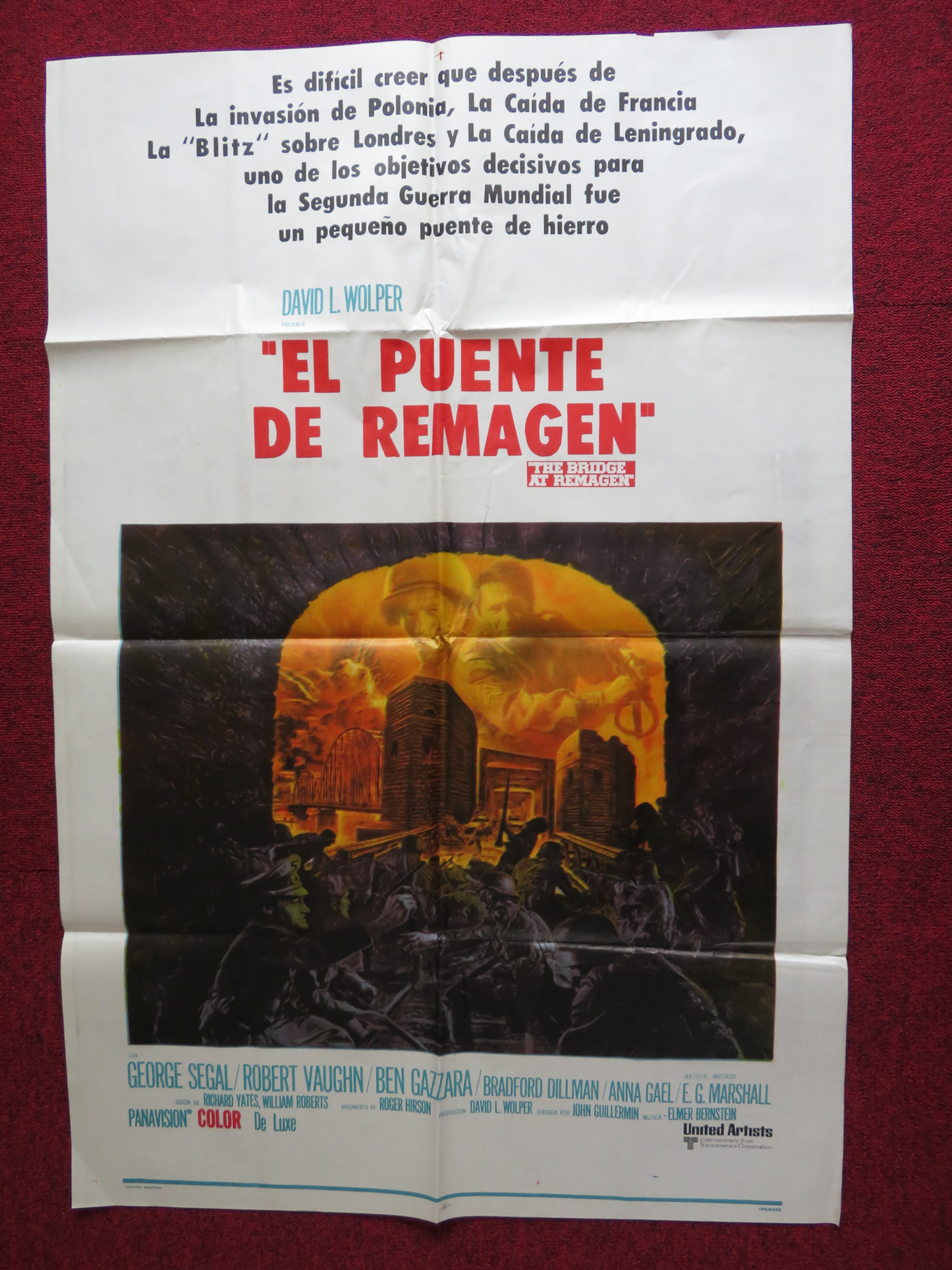 THE BRIDGE AT REMAGEN FOLDED ARGENTINA ONE SHEET POSTER G. SEGAL R. VAUGHN 1969