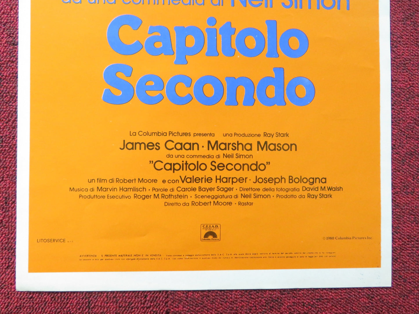 CHAPTER TWO ITALIAN LOCANDINA POSTER JAMES CAAN MARSHA MASON 1980