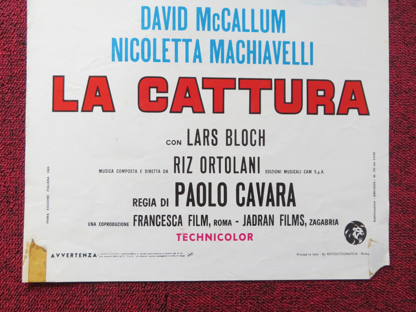 LA CATTURA ITALIAN LOCANDINA POSTER DAVID MCCALLUM NICOLETTA MACHIAVELLI 1969