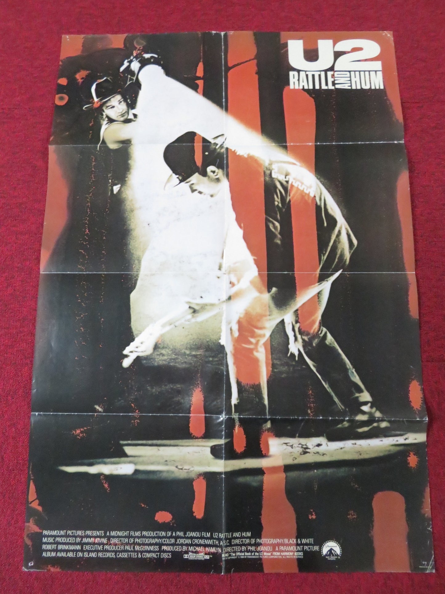 U2: RATTLE AND HUM FOLDED US ONE SHEET POSTER BONO THE EDGE ADAM CLAYTON 1988