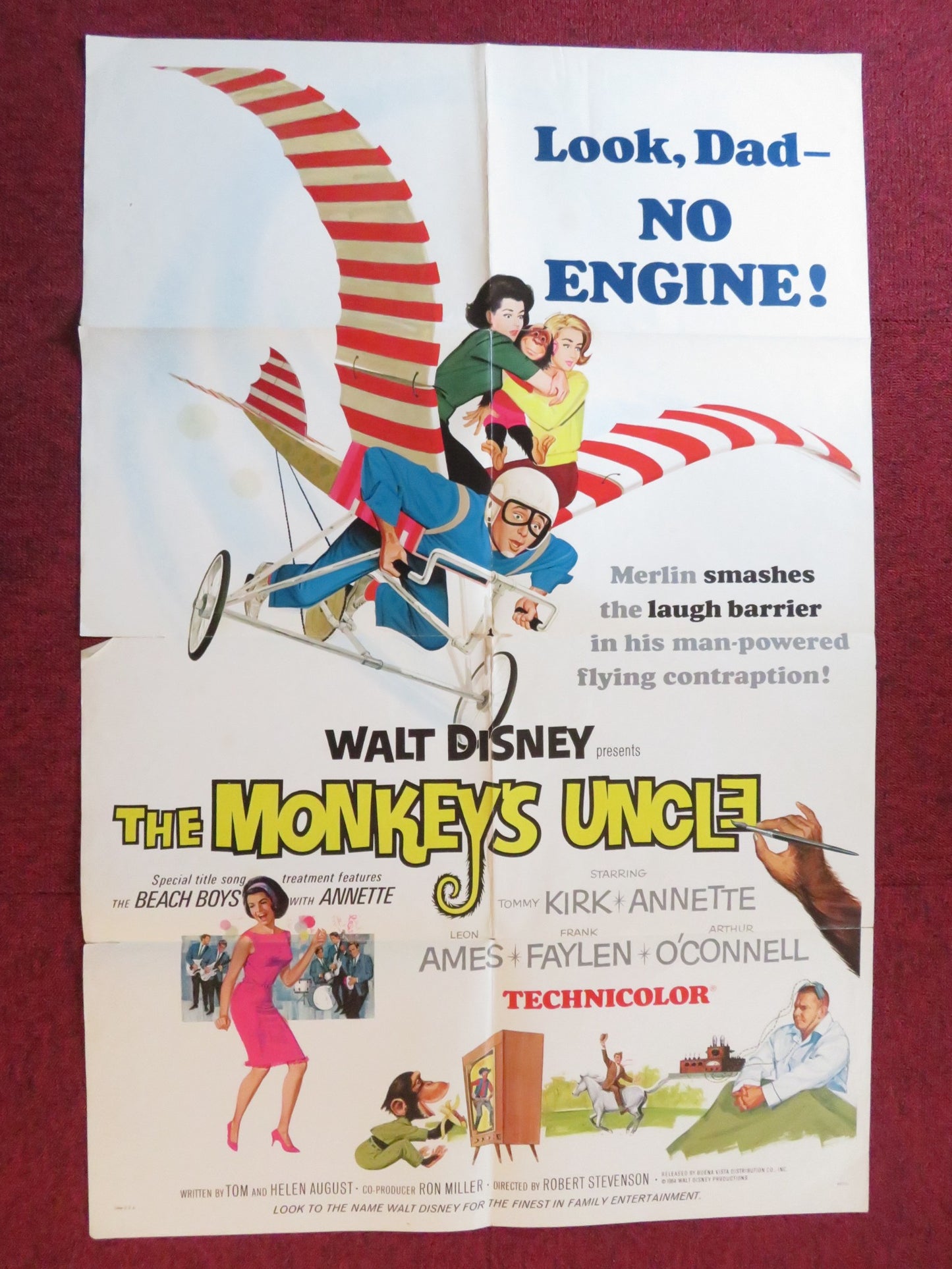 THE MONKEY'S UNCLE FOLDED US ONE SHEET POSTER DISNEY TOMMY KIRK 1964