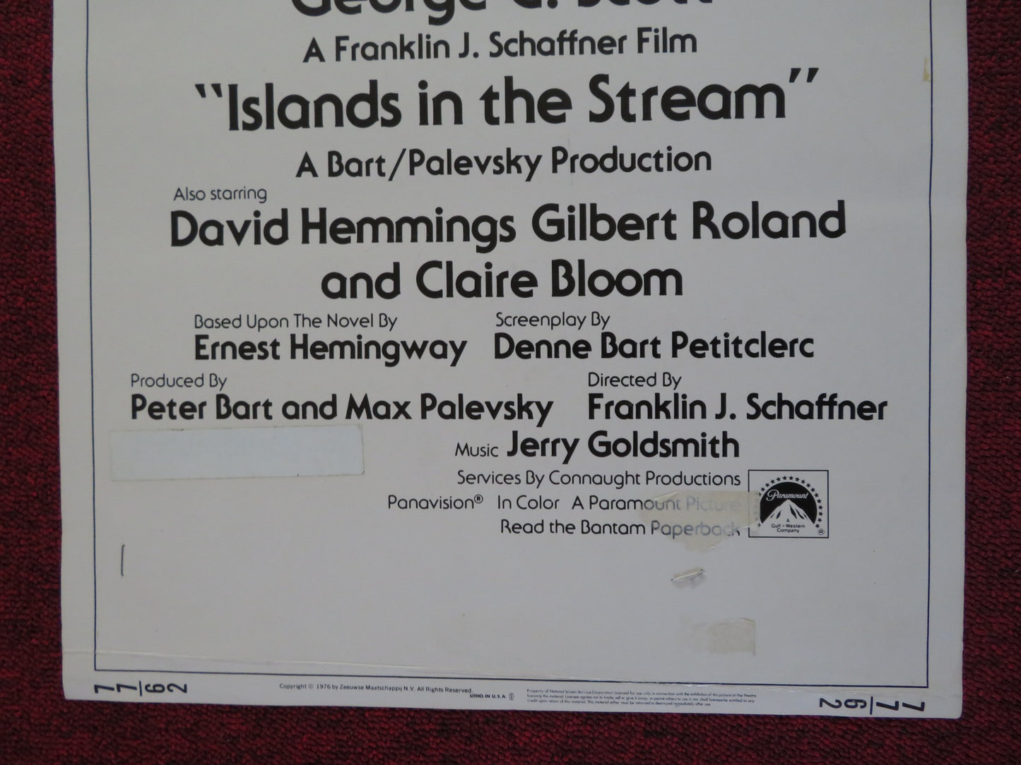 ISLANDS IN THE STREAM US INSERT (14"x 36") POSTER GEORGE C.SCOTT C. BLOOM 1977