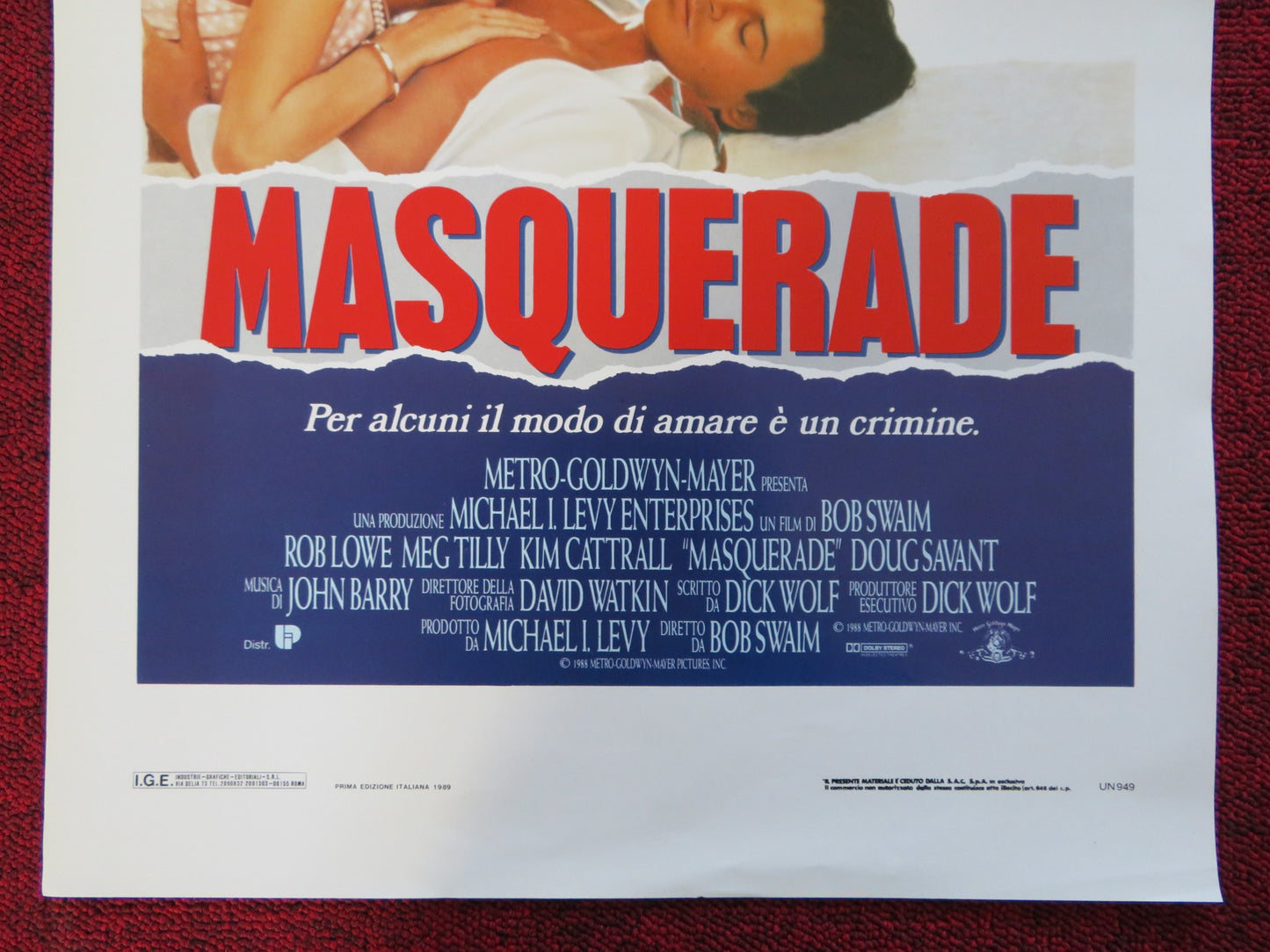 MASQUERADE ITALIAN LOCANDINA (27.5"x13") POSTER ROB LOWE MEG TILLY 1989