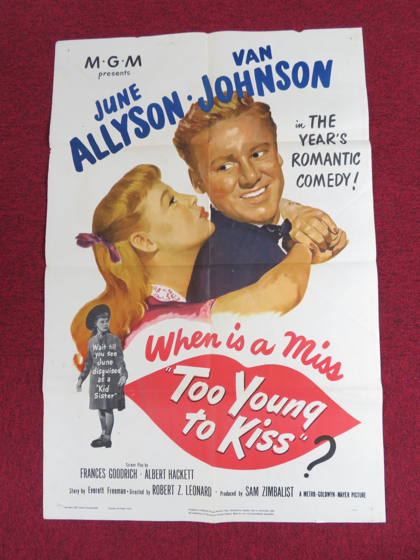 TOO YOUNG TO KISS FOLDED US ONE SHEET POSTER VAN JOHNSON JUNE ALLYSON 1951