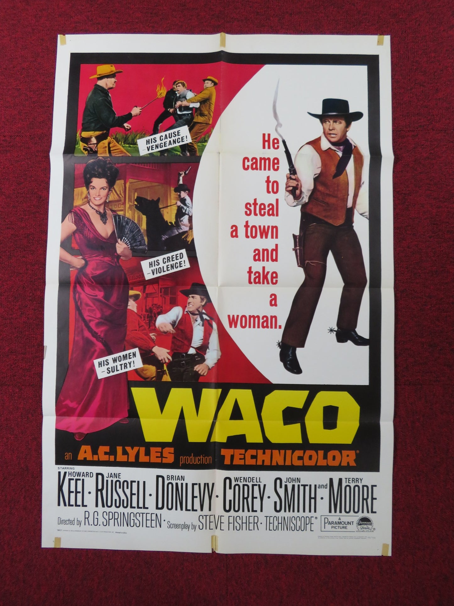 WACO FOLDED US ONE SHEET POSTER HOWARD KEEL JANE RUSSELL 1966