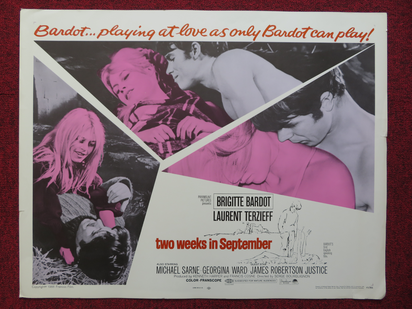 TWO WEEKS IN SEPTEMBER US HALF SHEET (22"x 28") POSTER BRIGITTE BARDOT 1966