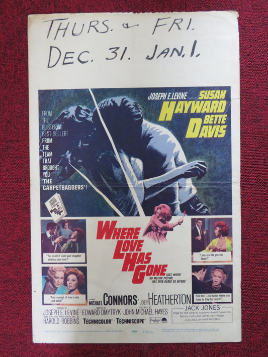 WHERE LOVE HAS GONE WINDOW CARD (14"x 22") POSTER SUSAN HAYWARD BETTE DAVIS 1964