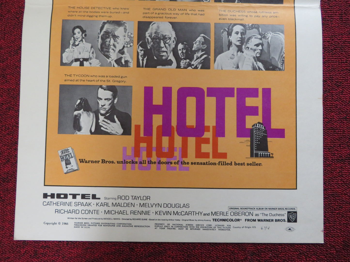 HOTEL WINDOW CARD (14"x 22") POSTER ROD TAYLOR CATHERINE SPAAK 1966