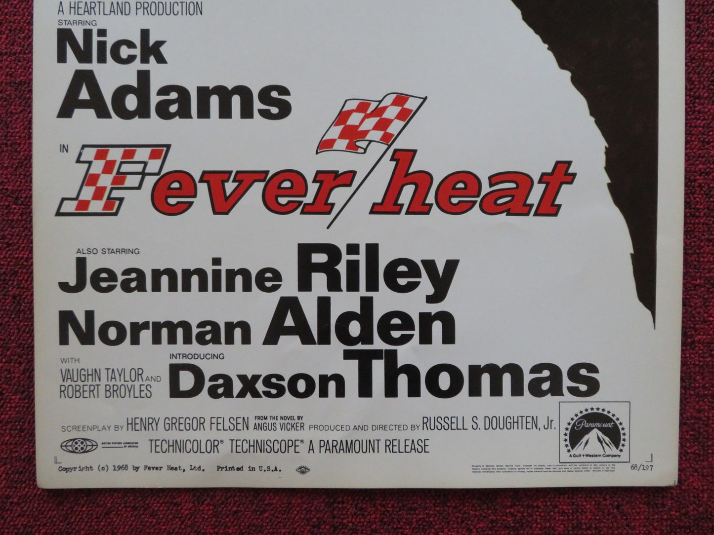 FEVER HEAT US INSERT (14"x 36") POSTER NICK ADAMS JEANNINE RILEY 1968