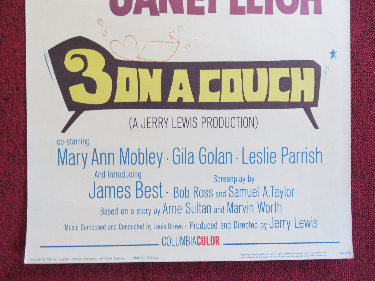 THREE ON A COUCH US INSERT (14"x 36") POSTER JERRY LEWIS JANET LEIGH 1966