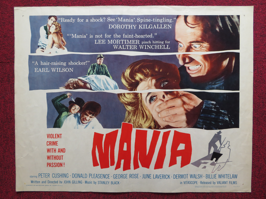 MANIA US HALF SHEET (22"x 28") POSTER PETER CUSHING DONALD PLEASENCE 1961