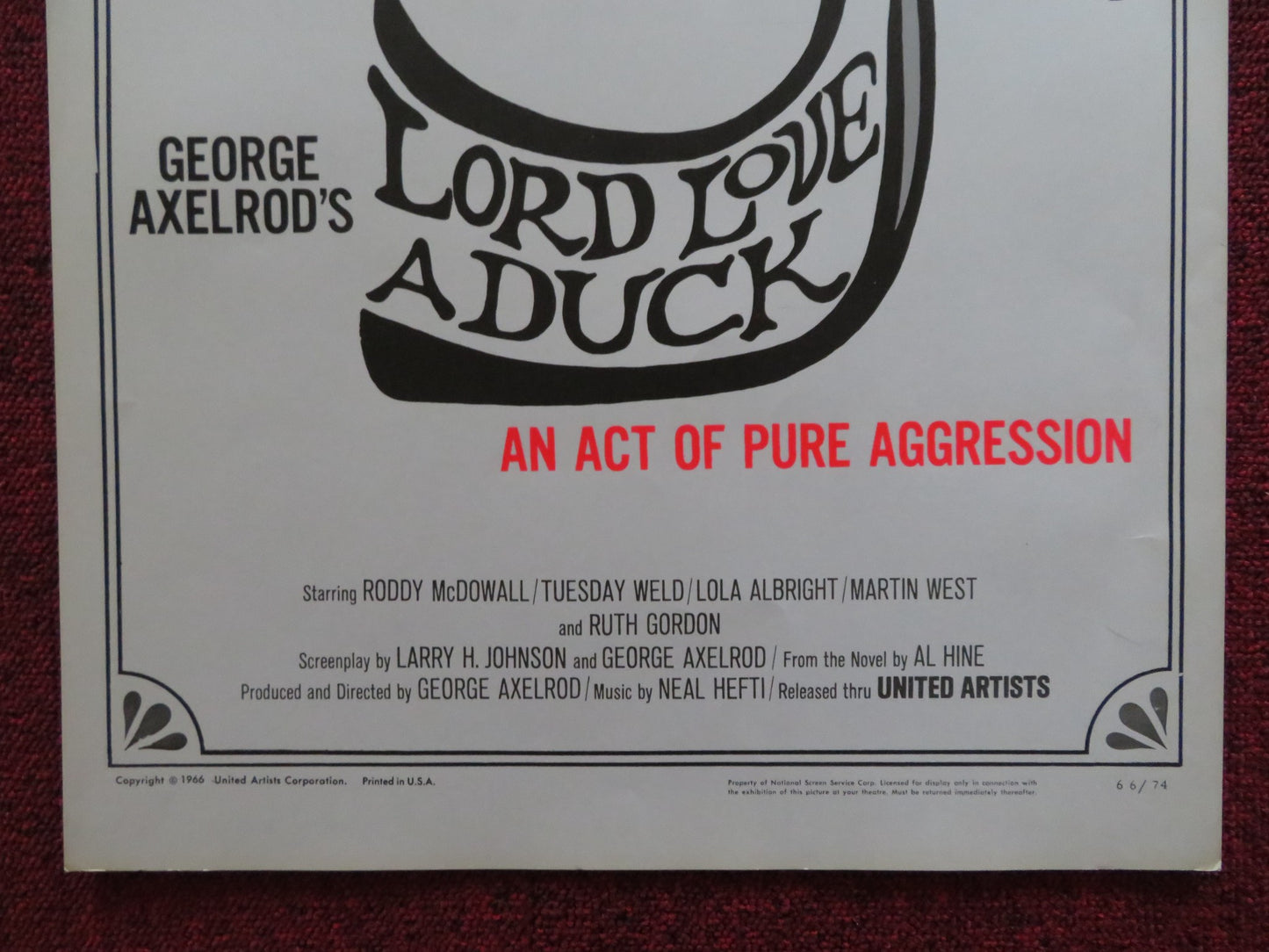 LORD LOVE A DUCK US INSERT (14"x 36") POSTER RODDY MCDOWALL TUESDAY WELD 1966